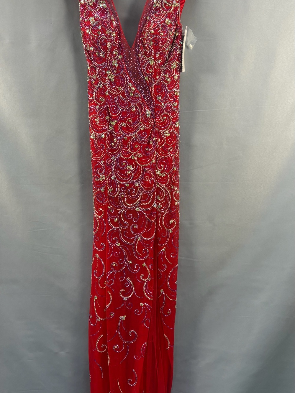 Tony Bowls Red Deep V Sequin Embellished Prom Gown
